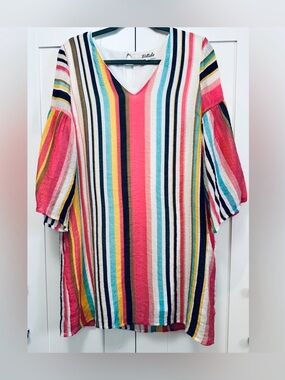 Multicolor Striped Women's V Neck Dress Sz LG From Paris